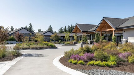 Senior care facility exterior with well-maintained garden and welcoming entrance. Emphasizing comfort and dignity in elderly living environments.
