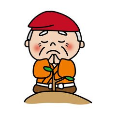 シロのお花に手を合わせるはなさかじいさん