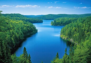 Fototapeta premium Tranquil Blue Lake Surrounded by Lush Green Forest and Rolling Hills Under a Bright Sky on a Sunny Day in a Beautiful Natural Landscape
