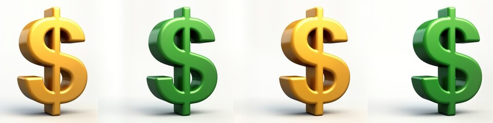 Obraz premium Colorful dollar signs in gold green, orange. Isolated on white background. Modern money graphic. Collection of dollar icons. Versatile design assets for financial themes. Illustrations for digital