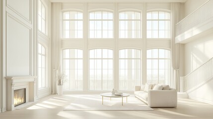 Obraz premium A large, empty living room with a fireplace and a couch