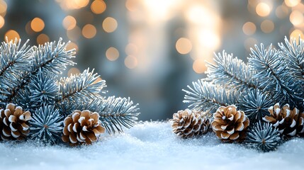 Frosty Pine Branches and Pinecones in Winter Snow