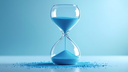 Hourglass with blue sand on a soft blue background, symbolizing the passage of time and life s fleeting moments, emphasizing the importance of time management and reflection