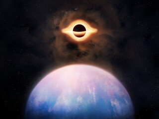 Planet close to black hole. Singularity attracts exoplanet in space. Black hole near alien world.