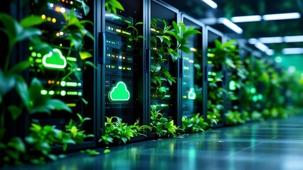 Green technology, data center, eco friendly servers, cloud computing, sustainable IT solutions, nature and technology integration with vibrant green foliage and servers