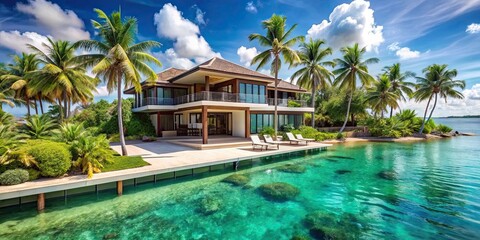 Fototapeta premium Luxury villa surrounded by palm trees and overlooking crystal clear waters , Tropical, Island, Villa, Luxury, Palm trees