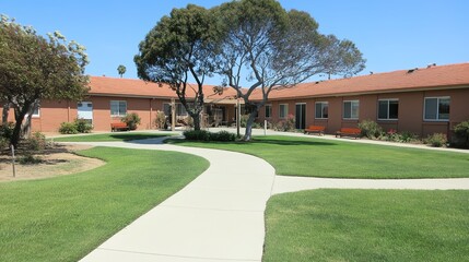 Senior care facility exterior with well-maintained garden and welcoming entrance. Emphasizing comfort and dignity in elderly living environments.