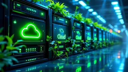Obraz premium Green technology, data center, eco friendly servers, cloud computing, sustainable IT solutions, nature and technology integration with vibrant green foliage and servers