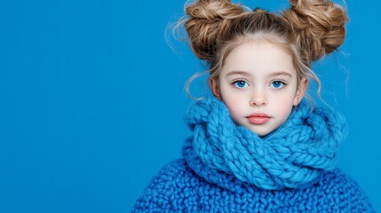 Winter Wonderland: A young girl with bright blue eyes and double buns stares intensely at the camera, wearing a cozy blue knitted scarf and sweater against a vibrant blue background.