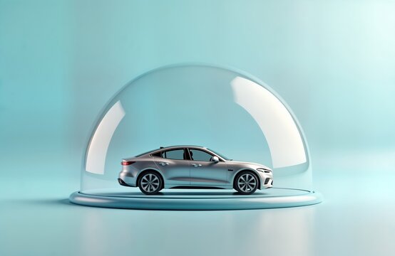 Silver car protected inside glass dome. Modern vehicle shielded from potential damage. Concept of auto insurance vehicle protection. Studio setting on pastel background. Illustration suitable for