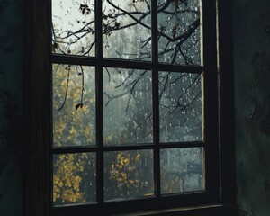 Rainy Day Reflection Through Window with Soft Light and Nature's Touch Captured in a Nostalgic Atmosphere