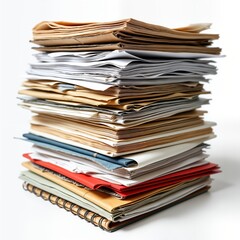High stack of documents, files. Unorganized papers form large pile. Documents various sizes, colors. Papers piled on top of. Spiral notebook sits at bottom of stack. Large amount of documents.