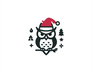 Christmas Owl Logo Design Icon Vector Illustration. Merry Christmas