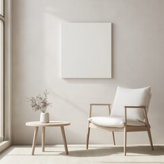 Fototapeta premium A white chair sits in front of a white wall with a white picture frame