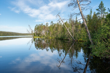 Tranquil lake landscape with perfect reflection on the surface of the water. Kes&auml;nkij&auml;rvi, Yll&auml;s, Finnish Lapland