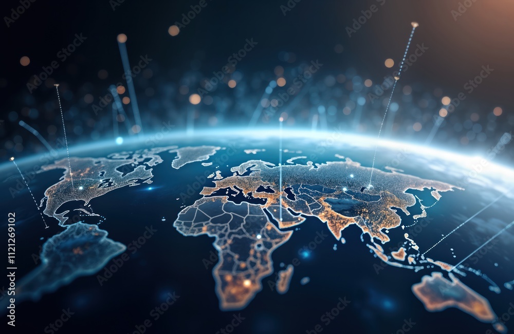 Fototapete Digital earth model shows global communication network. Interconnected nodes represent global connectivity. Modern tech concept for future business projects. Abstract imagery highlights global