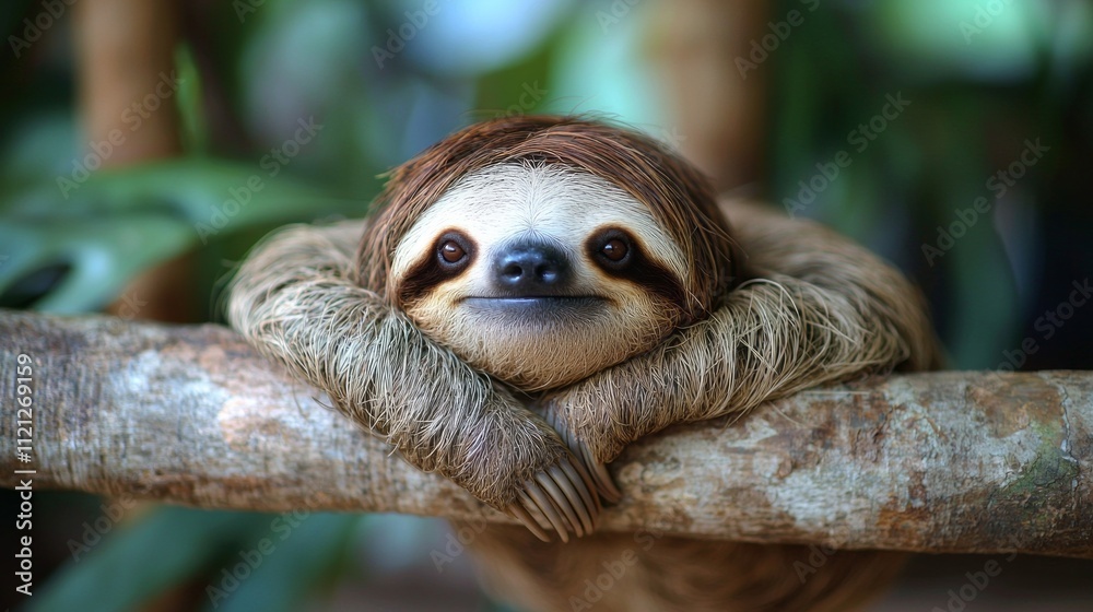 Poster a charming sloth hangs effortlessly from a sturdy tree branch, gazing contentedly while nestled amon