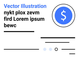 Dollar symbol inside a circle, sample text in various lines, minimalistic design, three icons at the bottom including dots and lines. Ideal for finance, business, economics, advertising, landing page