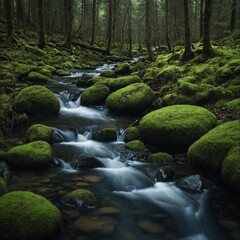 A shallow stream in a dense forest with moss-covered rocks.
