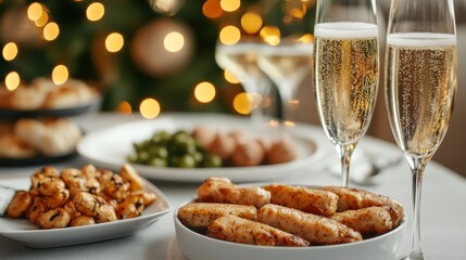 Obraz premium A festive table setting featuring sparkling drinks, assorted appetizers, and a beautifully decorated Christmas tree in the background.