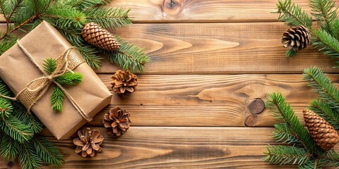 Wooden table with kraft paper and spruce and pine cones for gift wrapping during the holidays