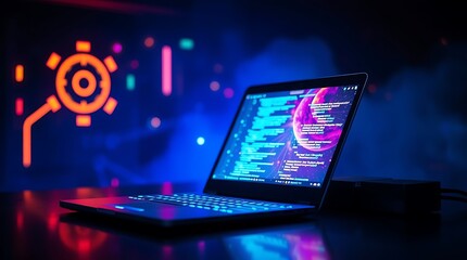Fototapeta premium Cyberpunk Coding: Sleek laptop displays vibrant code against a futuristic, neon-lit backdrop. A captivating image for tech, gaming, and coding projects. 