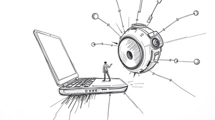 The Future of Connection: A hand-drawn illustration depicting a futuristic scene of a man interacting with a large, spherical AI system.