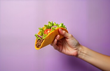 Hand holds delicious taco against pastel purple background. Studio lighting highlights taco. Food photography style. Simple design for advertisement. Perfect for food brand display. Minimalist style.