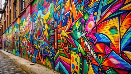 Fototapeta premium A colorful wall covered in graffiti with abstract shapes and vibrant colors, graffiti, urban art, street art