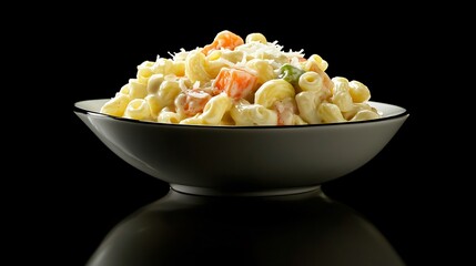 A serving of sweet macaroni salad with creamy dressing and shredded coconut, isolated on a reflective black surface