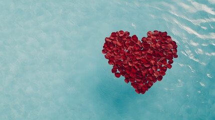 Rose petals shaped like a heart floating in a serene pool, creating a romantic and tranquil atmosphere with vibrant colours reflecting on the water’s surface