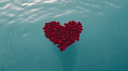 Rose petals shaped like a heart floating in a serene pool, creating a romantic and tranquil atmosphere with vibrant colours reflecting on the water’s surface