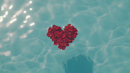 Rose petals shaped like a heart floating in a serene pool, creating a romantic and tranquil atmosphere with vibrant colours reflecting on the water’s surface