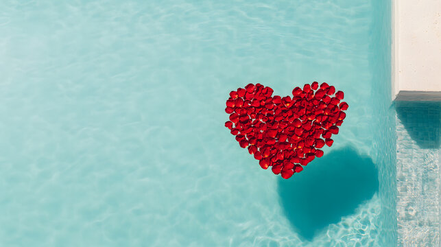 Rose petals shaped like a heart floating in a serene pool, creating a romantic and tranquil atmosphere with vibrant colours reflecting on the water’s surface - Powered by Adobe