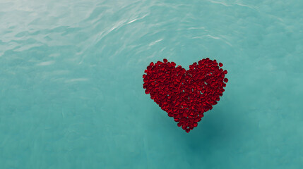 Rose petals shaped like a heart floating in a serene pool, creating a romantic and tranquil atmosphere with vibrant colours reflecting on the water’s surface