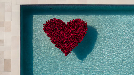 Rose petals shaped like a heart floating in a serene pool, creating a romantic and tranquil atmosphere with vibrant colours reflecting on the water’s surface