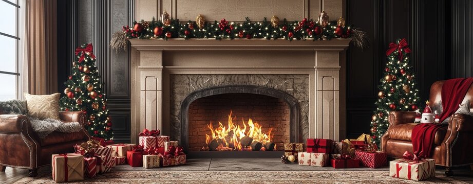 A fireplace adorned with holiday decorations blends into a coastal California interior. Soft lighting and elegant ornaments highlight the unique festive design.
