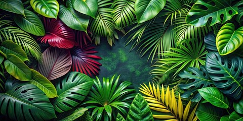 Tropical leaves and lush foliage creating a vibrant nature background, tropical, leaves, foliage, green, exotic, plant, jungle
