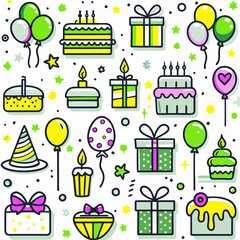 Festive birthday pattern with cakes, gifts, balloons, and candles.