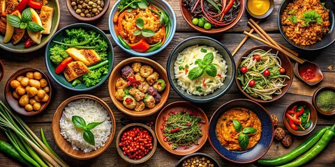 Top view of a colorful variety of Asian food in different bowls , Asian cuisine, top view, food photography, Chinese, Japanese