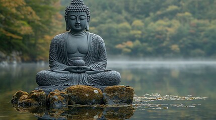 Buddha image reflected perfectly in a still lake with lush greenery