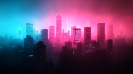 Fototapeta premium A vibrant city skyline illuminated in pink and blue hues, shrouded in fog, creating a mystical, futuristic atmosphere.
