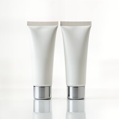 Two white cosmetic tubes with chrome caps on a white background. Simple and elegant design. Clean and minimalist aesthetic. Perfect for skincare products, lotions, creams or other beauty items.