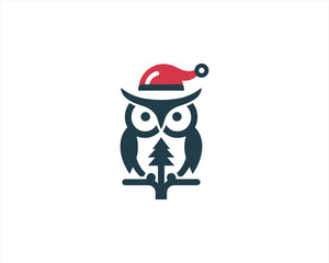 Christmas Owl Logo Design Icon Vector Illustration. Merry Christmas