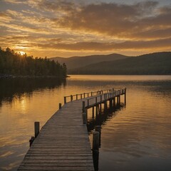 Obraz premium A peaceful pier extending into a calm lake under a golden sky.