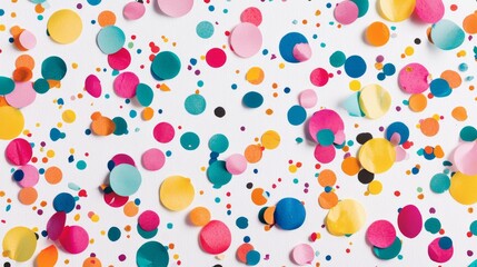 A vibrant array of colorful confetti dots scattered on a white background, creating a playful and festive atmosphere.