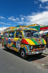 Classic South African minibus taxi with local artwork painted on its sides, parked on a lively urban street