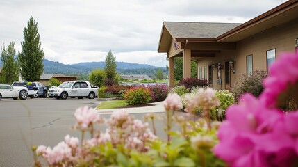 Fototapeta premium Senior care facility exterior with well-maintained garden and welcoming entrance. Emphasizing comfort and dignity in elderly living environments.