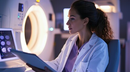 Medical professional analyzing ct scan results in a hospital modern medical environment focused view