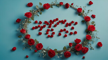 Fototapeta premium Happy New Year card, red roses, sky blue background, New Year greetings, festive design, floral decoration, holiday card, seasonal greetings, elegant, flower accents, New Year wishes, red rose bouquet
